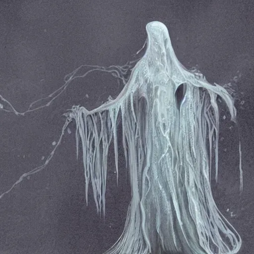 Image similar to concept designs for an ethereal ghostly wraith like figure with a squid like parasite latched onto its head and long tentacle arms that flow lazily but gracefully at its sides like a cloak while it floats around a frozen rocky tundra in the snow searching for lost souls and that hides amongst the shadows in the trees, this character has hydrokinesis and electrokinesis for the resident evil village video game franchise with inspiration from the franchise Bloodborne and the mind flayer from stranger things on netflix in the style of a marvel comic