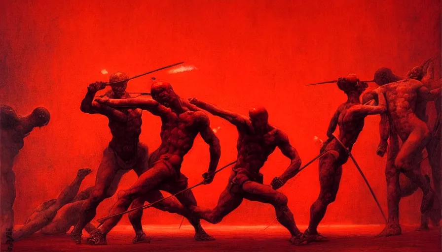 Image similar to only with red, gladiator battle in a crowded roman amphitheatre, crowd cheering, in the style of beksinski and edward hopper and rodcenko and yue minjun and cory loftis, intricate and epic composition, red by caravaggio, highly detailed, masterpiece, red light, artstation, art nouveau