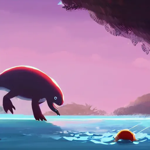 Image similar to baby harp seals being eaten by a tyrannosaurus in a tropical alien world, atey ghailan, goro fujita, studio ghibli, scary lighting, clear focus, very coherent