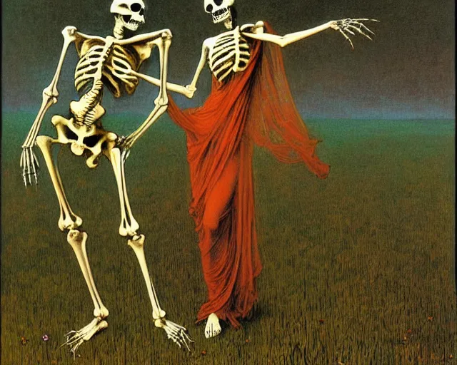 Image similar to eastern european springtime skeleton dancing danse macabre by zdzisław beksinski and gustave dore and alphonse mucha