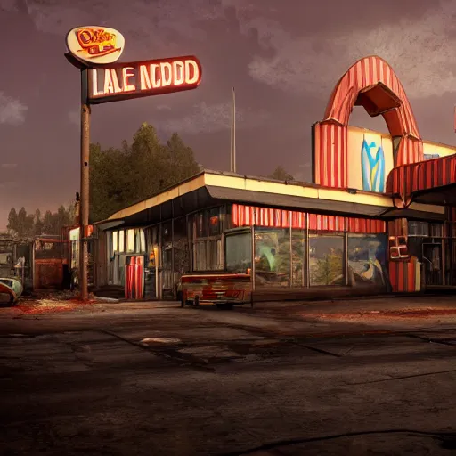 Image similar to post apocalyptic McDonald's, octane render, 4k