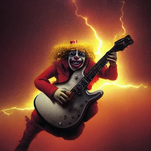 Prompt: UHD closeup of a Photorealistic clown playing electric guitar during a wicked lightning storm on Mars, with a cool pose, by Antonio Caparo and Ferdinand Knab and Greg Rutkowski, UHD, photorealistic, trending on artstation, trending on deviantart