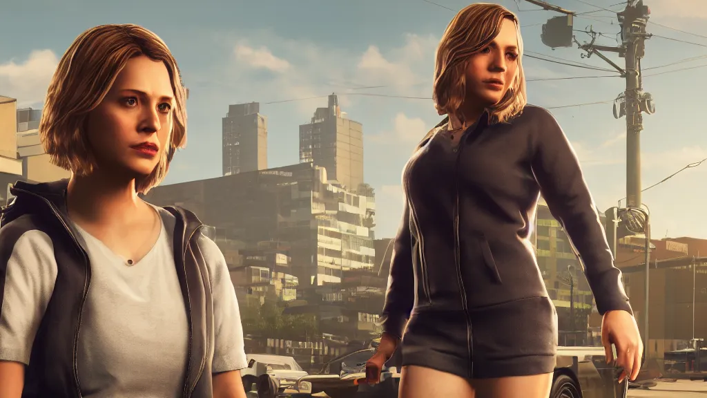 Prompt: Elizabeth Olson GTA 5 loading screen, 4k, UHD, octane render, Xbox