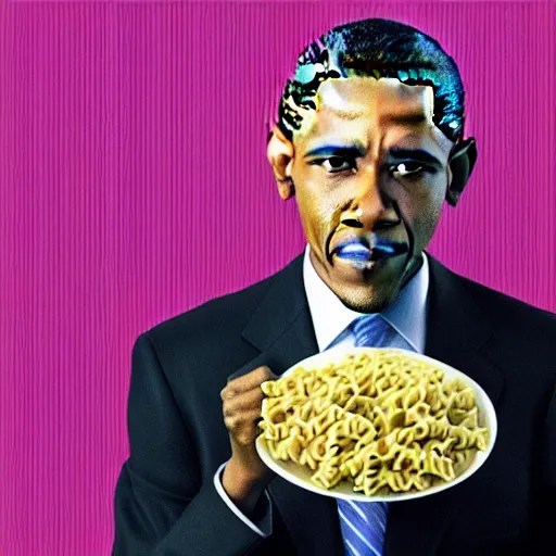 Image similar to Obama with a mustache eating pasta, vaporwave