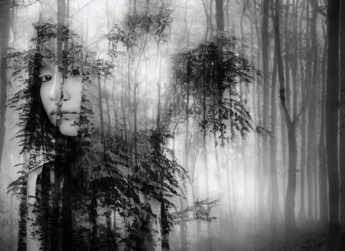 Prompt: a female model with long black hair, standing in a dense misty forest of fern leaves wearing camouflage by yohji yamamoto, in the style of daido moriyama, double exposure, photography, camera obscura, black and white, sumi - e, superr 8 mm film