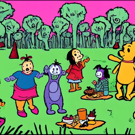 Prompt: illustration of zombie picnic in the style of Winnie the Pooh A. A. Milne