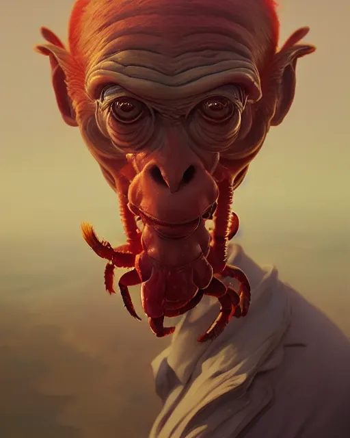 Image similar to highly detailed surreal vfx portrait of a lobsterpunk monkey, stephen bliss, unreal engine, greg rutkowski, loish, rhads, beeple, makoto shinkai and lois van baarle, ilya kuvshinov, rossdraws, tom bagshaw, alphonse mucha, global illumination, detailed and intricate environment