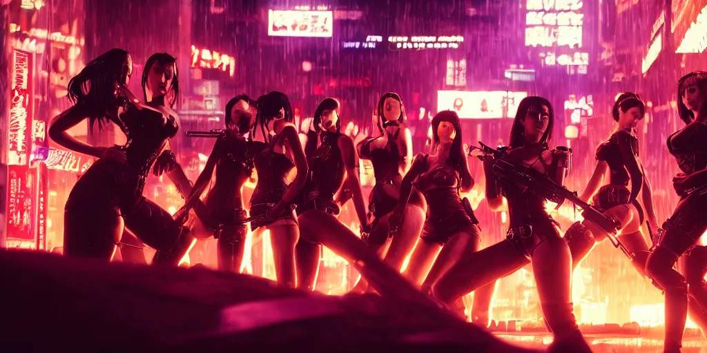 Image similar to epic highly detailed photo of gangs of girls fighting in cyberpunk night adult club, 3 5 mm, guns blasting, low angle, blade runner, akira, cinematic angle, cinematic lighting, reflections, action, battle