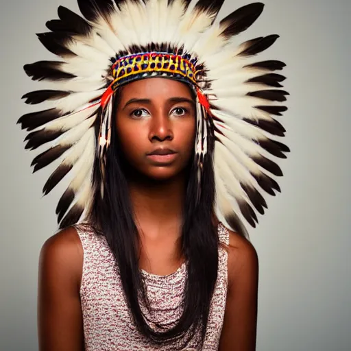 Prompt: Portrait of a dark skinned young woman who looks native american at a mall, highly detailed, photograph, award winning,