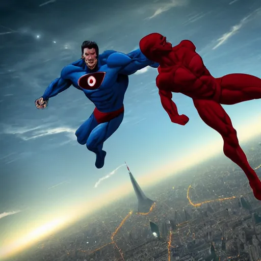 Prompt: Invincible et Omni-Man qui combattent dans le ciel parisien, deviantart, Kirk Moffatt, The-Black-Terror, réalisme, tendance sur artstation, éclairage volumétrique, ray tracing, 8k