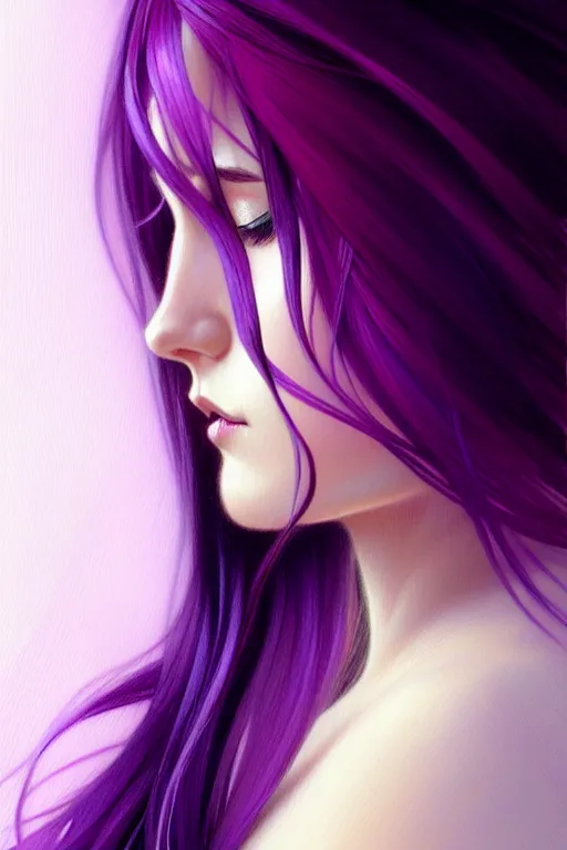 Image similar to Purple hair, creative colouring Portrait of woman face profile, fashion, colored strands of hair, intricate, elegant, highly detailed, digital painting, artstation, concept art, smooth, sharp focus, illustration, art by artgerm and greg rutkowski and alphonse mucha