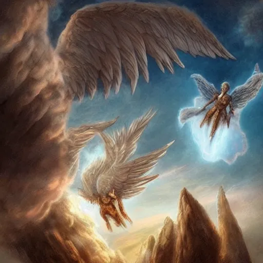 Image similar to angels in the sky, artistic, epic, detailed, realistic, point of view,