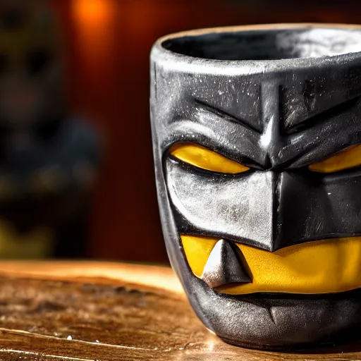 Image similar to a closeup photorealistic photograph of a batman style tiki mug sitting at a trader vic's bar featuring batman face. tiki theme. tiki culture. bright scene. fine detail. this 4 k hd image is trending on artstation, featured on behance, well - rendered, extra crisp, features intricate detail, epic composition and the style of unreal engine.