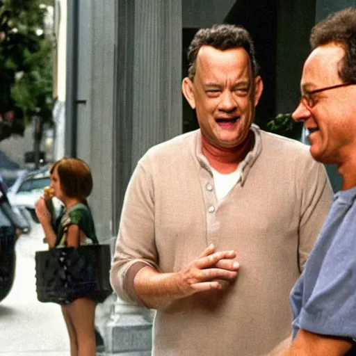 Image similar to tom hanks having a friendly conversation with tom hanks, candid photography