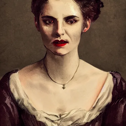 Image similar to head and shoulder professional portrait of a victorian female vampire, painted in the style of bloodborne, muted colors, vampire fashion, highly detailed, melancholy, vampire teeth