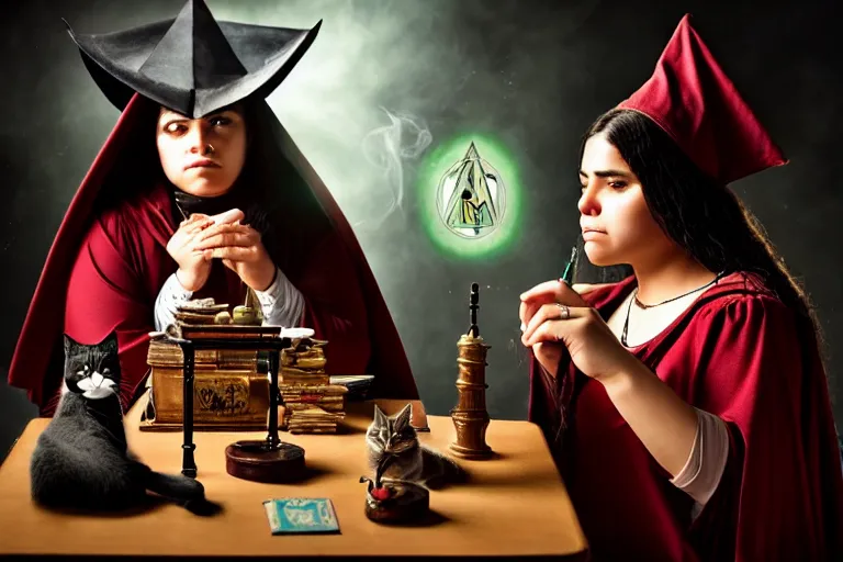 Image similar to 2 0 2 2 photo, close up portrait, dramatic lighting, concentration, calm confident hispanic teen witch and her cat, tarot cards displayed on the table in front of her, sage smoke, magic wand, a witch hat and cape, apothecary shelves in the background, still from harry potter, alphonse mucha