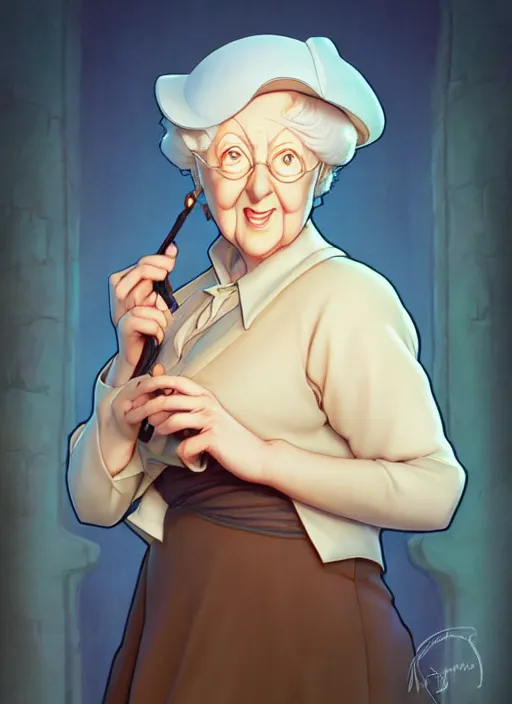 Image similar to cute miss marple, natural lighting, path traced, highly detailed, high quality, digital painting, by don bluth and ross tran and studio ghibli and alphonse mucha, artgerm