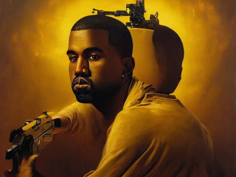 Prompt: a detailed profile oil painting of kanye west holding a gun, aurora lighting clouds and stars by beksinski carl spitzweg and tuomas korpi. intricate artwork by caravaggio. Trending on artstation. 8k