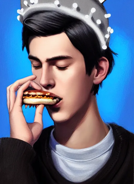 Image similar to portrait of teenage jughead jones wearing a light grey crown, crown, eating hamburger, blue turtleneck, eyes closed, crown, black hair, intricate, elegant, glowing lights, warm lighting, highly detailed, digital painting, artstation, concept art, smooth, sharp focus, illustration, art by wlop, mars ravelo and greg rutkowski