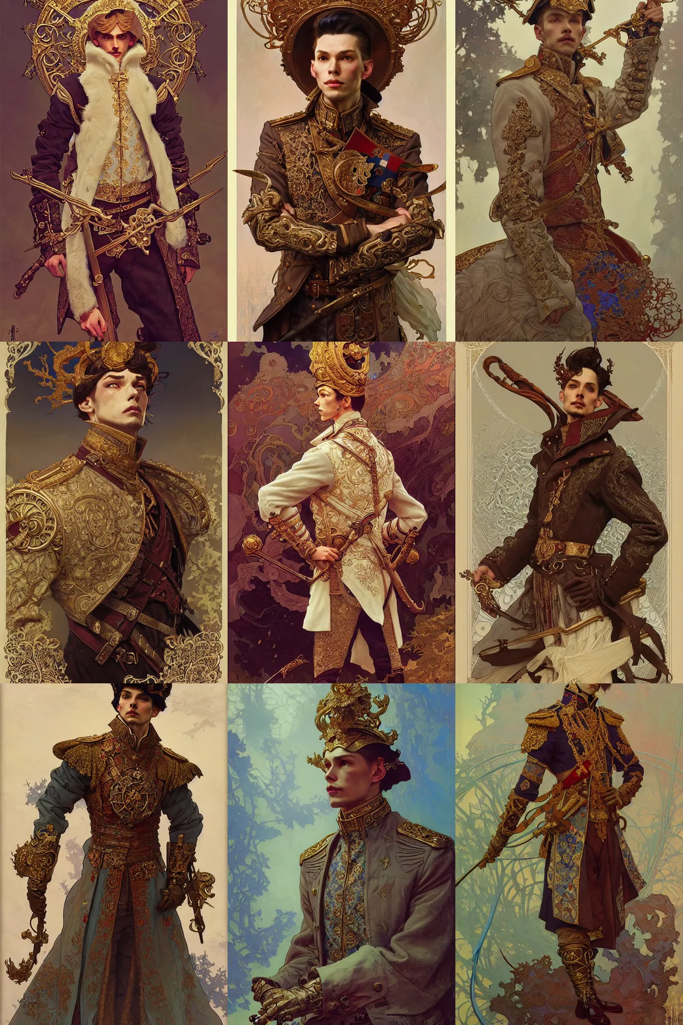 Prompt: male tsar, russian clothes, fantasy, highly detailed, intricate, smooth, art by joseph leyendecker, peter mohrbacher, ruan jia, marc simonetti, ayami kojima, cedric peyravernay, alphonse mucha, victo ngai