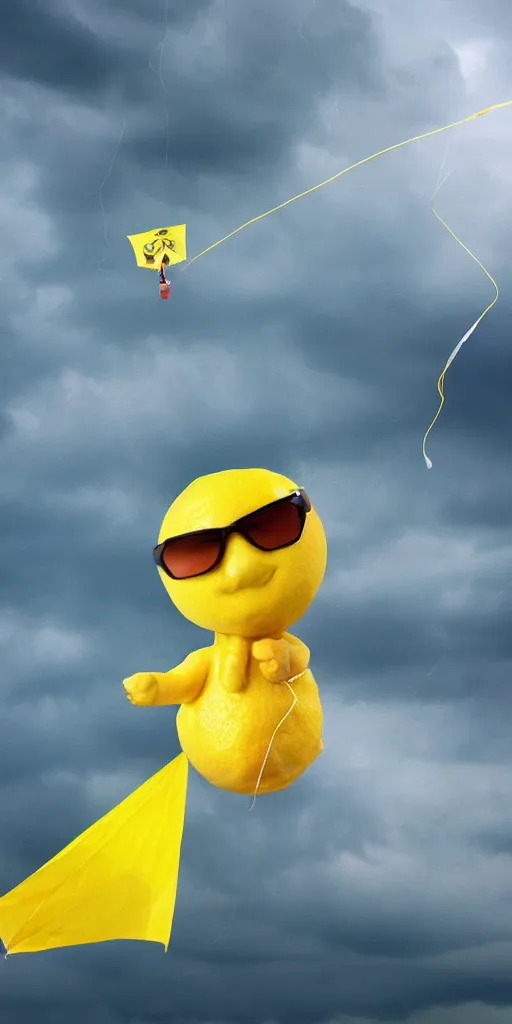 Prompt: a lemon wearing sunglasses, flying a kite in a thunderstorm, realistic photo