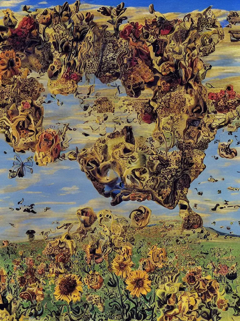 Prompt: people look out over fields full of flowers, over them a cloudless sky, high detailed, art by salvador dali, masterpiece, deep colours