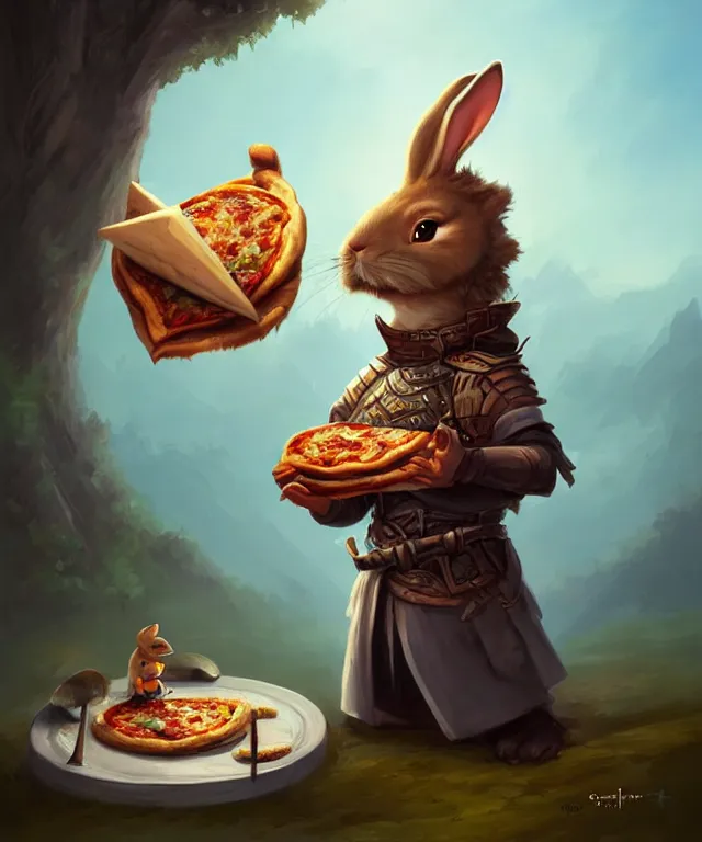 Prompt: a portrait an anthropomorphic rabbit samurai eating pizza, landscape in background, cute and adorable, dnd character art portrait, well rendered matte fantasy painting, deviantart artstation, by jason felix by steve argyle by tyler jacobson by peter mohrbacher, cinematic lighting