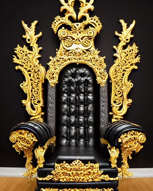 Image similar to royal ornate black ebony throne of realistic detailed owl sanctuary stronghold fortress with golden filigree carved out of ivory
