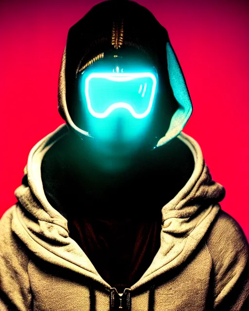 Prompt: cyberpunk synth, hyper - realistic portrait of a man in a hoodie with detailed neon mask, cyberpunk, intricate, lifelike, by atey ghailan, by greg rutkowski, by greg tocchini, by james gilleard, by joe fenton, by kaethe butcher, dynamic lighting, gradient light blue, brown, cinematic lighting color scheme, sharp focus, grunge aesthetic