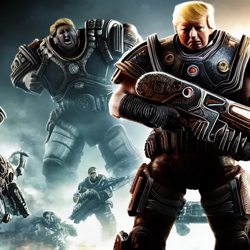 Image similar to Photo portrait of Donald Trump as Spartan in Gears of War, splash art, movie still, detailed face, photorealistic facial features, cinematic lighting, dramatic, octane render, long lens, shallow depth of field, bokeh, anamorphic lens flare, 8k, hyper detailed, 35mm film grain