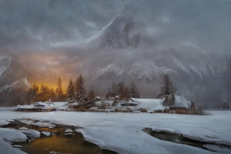 Image similar to an oil painting of an amazing landscape photo of a lake house in winter by marc adamus beautiful dramatic lighting