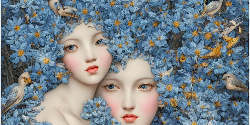 Image similar to breathtaking detailed concept art painting art deco pattern of blonde faces goddesses amalmation light - blue flowers with anxious piercing eyes and blend of flowers and birds, by hsiao - ron cheng and john james audubon, bizarre compositions, exquisite detail, extremely moody lighting, 8 k