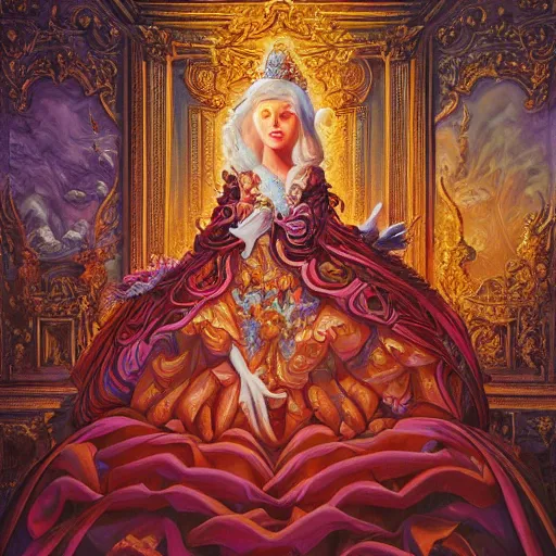 Image similar to beautiful oil painting, full length portrait of dauphinois in baroque coronation robes 1701, Dan Mumford, Dan Mumford, Alex grey, highly detailed , lsd visuals, dmt fractal patterns, hallucinogen, visionary art, psychedelic art, ornate, vaporwave, baroque, Greg rutkowski