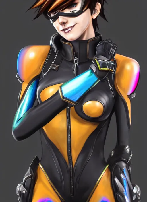 Image similar to full body digital artwork of tracer overwatch, wearing black iridescent rainbow latex, 4 k, expressive happy smug expression, makeup, in style of mark arian, wearing detailed black leather collar, wearing sleek armor, black leather harness, expressive detailed face and eyes,