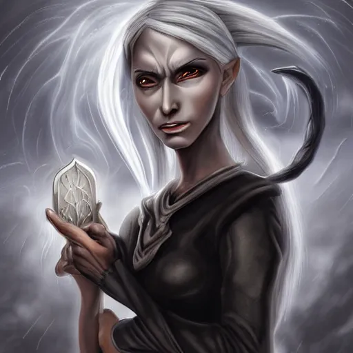 Prompt: beautiful old female dark elf with white hair holding a scroll, storm background, digital painting, detailed, realism, perfect symmetry