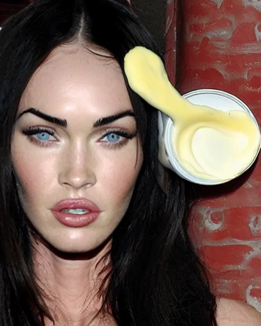 Image similar to megan fox made out of mayonnaise, human face made out of mayonnaise, megan fox wearing white mayonnaise on her face