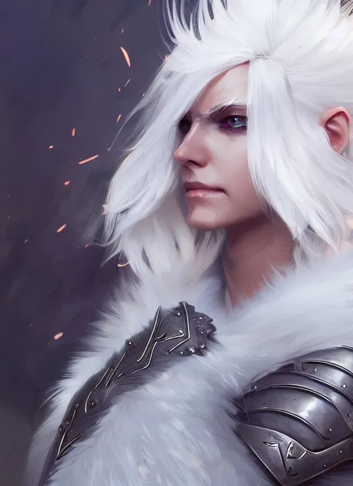 Image similar to fur - lined armor!!! beautiful and elegant white haired female!! gorgeous ayes!! character concept art, sharp focus, octane render! unreal engine 5! highly rendered!! trending on artstation!! detailed linework!! illustration by bussiere rutkowski andreas rocha