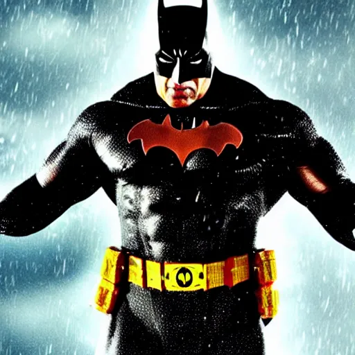 Image similar to Dwayne Johnson as Spiderbatman ,under rain, dramatic , an film still