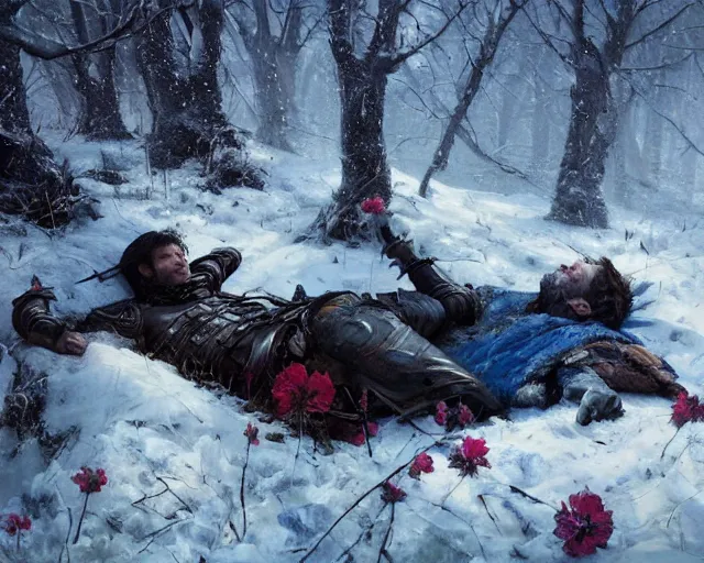 Image similar to Highly realistic oil painting of a wounded knight lying in the snow, surrounded by blue flowers, blood on flowers, by greg rutkowski, highly detailed, cinematic lighting, moody, dark