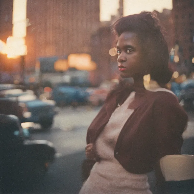 Prompt: golden hour candid woman portrait photographed with analog medium format fuji gw 6 9 0 in harlem, 1 9 6 0 s film street photography, vintage expired colour film bokeh photograph