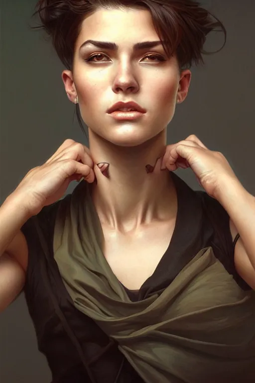 Image similar to photorealistic portrait of a young butch professional woman, handsome, female, masculine, upper body, fantasy, fierce, sharp features, intricate, elegant, highly detailed, digital painting, artstation, concept art, matte, sharp focus, illustration, art by artgerm and greg rutkowski and alphonse mucha