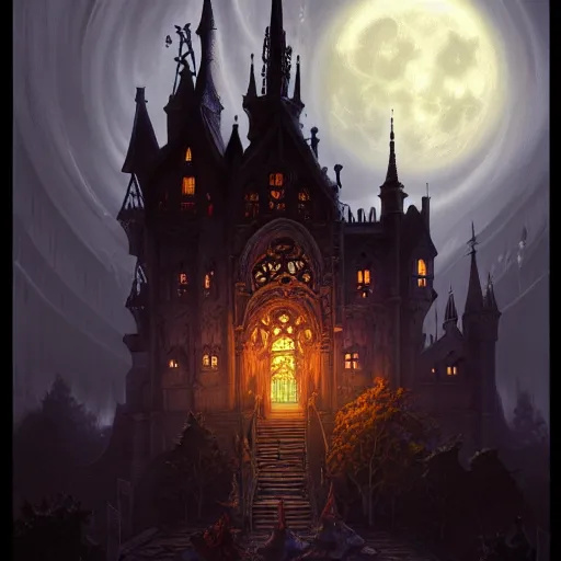 Image similar to foggy intricate gothic castle under the full moon, epic, intricate oil painting, high detail illustration, sharp high detail, manga and anime 1 9 9 9, official fanart behance hd artstation by jesper ejsing and makoto shinkai, 4 k,