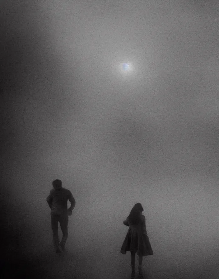 Image similar to very low - resolution found footage of a couple escaping in the city from a starfish kaiju monster, fog, foggy, korean film noir, monochrome, red hue, thriller, underdeveloped, epic, dramatic