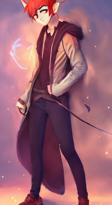 Prompt: Full body portrait of a cute mage in his twenties with cat ears. Award-winning digital art, trending on ArtStation