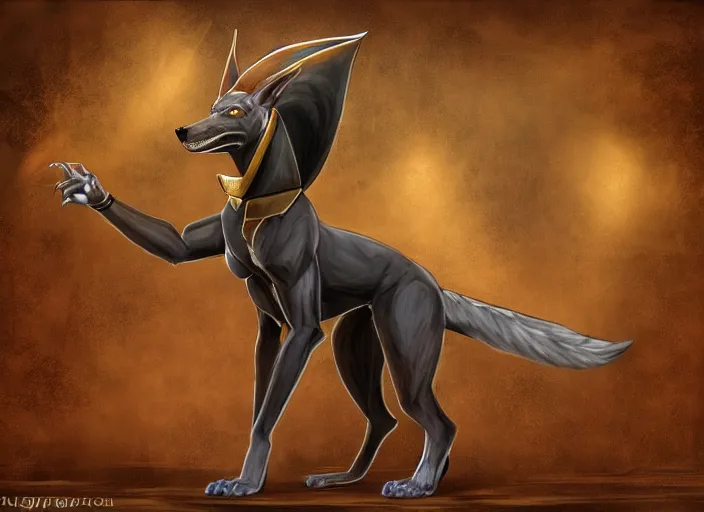 Image similar to award winning concept art fullbody egyptian wolf anubis character design of a egyptian anubis monster wolf. egyptian wolf deviantart adoptable, deviantart species style of maple story and rossdraws, artgerm, studio lighting by jessica rossier and brian froud, traditional, artstationhd artstation, disney, hq textures