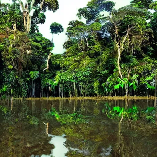 Image similar to magical trees and the amazon river in the amazon rainforest by anderson debernardi and pablo amaringo