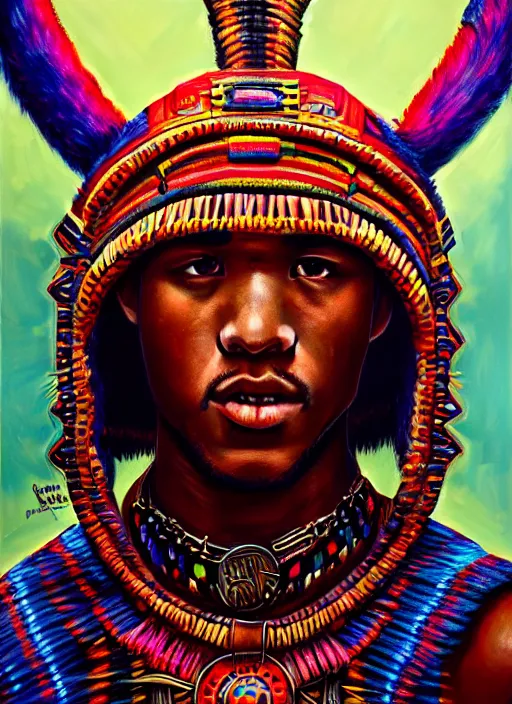 Image similar to portrait of jessie usher, hyper detailed ultra sharp aztec shaman warrior. trending on artstation, warpaint aesthetic, bloodwave, colorful, psychedelic, ornate, intricate, digital painting, concept art, smooth, sharp focus, illustration, art by artgerm and greg rutkowski and h. r. giger, 8 k