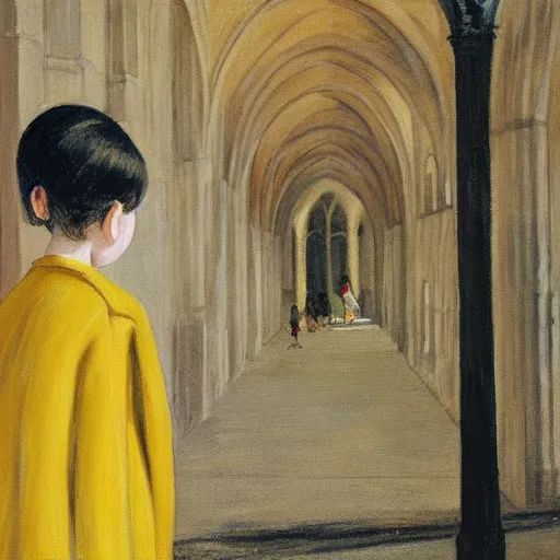 Image similar to a painting of a little girl with short black hair and wearing a yellow coat alone in the middle of a cloister in an abbey by hopper