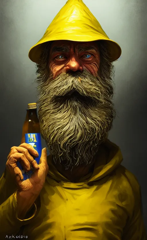 Image similar to hobocop with yellow plastic bag full of bottles from the disco elysium, concept art by aleksander rostov, oil painting, artstation trending, symmetry, awesome exposition, very detailed, highly accurate, intricate, professional lighting diffracted lightrays, 8 k, sense of awe, gamers magazine cover