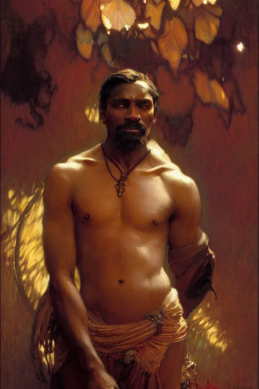 Prompt: attractive man, dark skin, painting by gaston bussiere, craig mullins, greg rutkowski, alphonse mucha